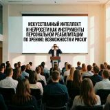 Тифлокомментарий: изображение, сгенерированное ИИ. Конференц‑зал в светлых тонах. Спиной к нам в зале сидят слушатели: видны их силуэты и спинки кресел. Впереди — спикер в деловом костюме, на нём — чёрные солнцезащитные очки. За его спиной большой экран, на котором отображено название конференции.