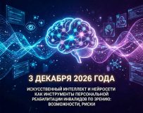 Тифлокомментарий к изображению: абстрактная технологическая иллюстрация, символизирующая пересечение ИИ и реабилитации. В центре схематично изображен человеческий мозг, вокруг- иконки со значками доступности. Фон выполнен в виде размытого цифрового потока. Внизу указана дата проведения и название конференции.